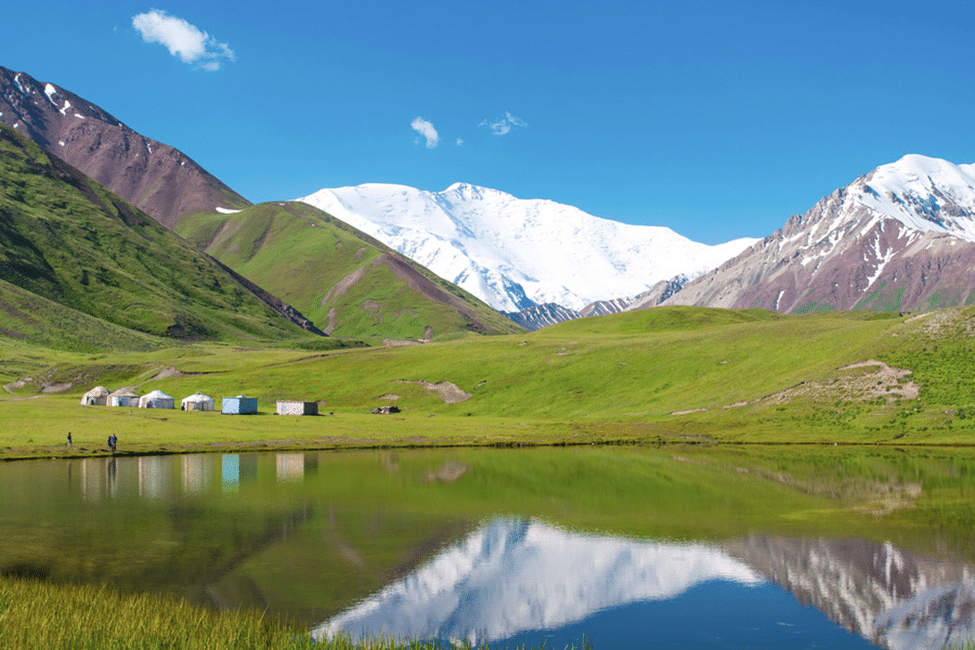 Jurtenlager am Seeufer in Sary Mogul mit Blick auf schneebedeckte Berge